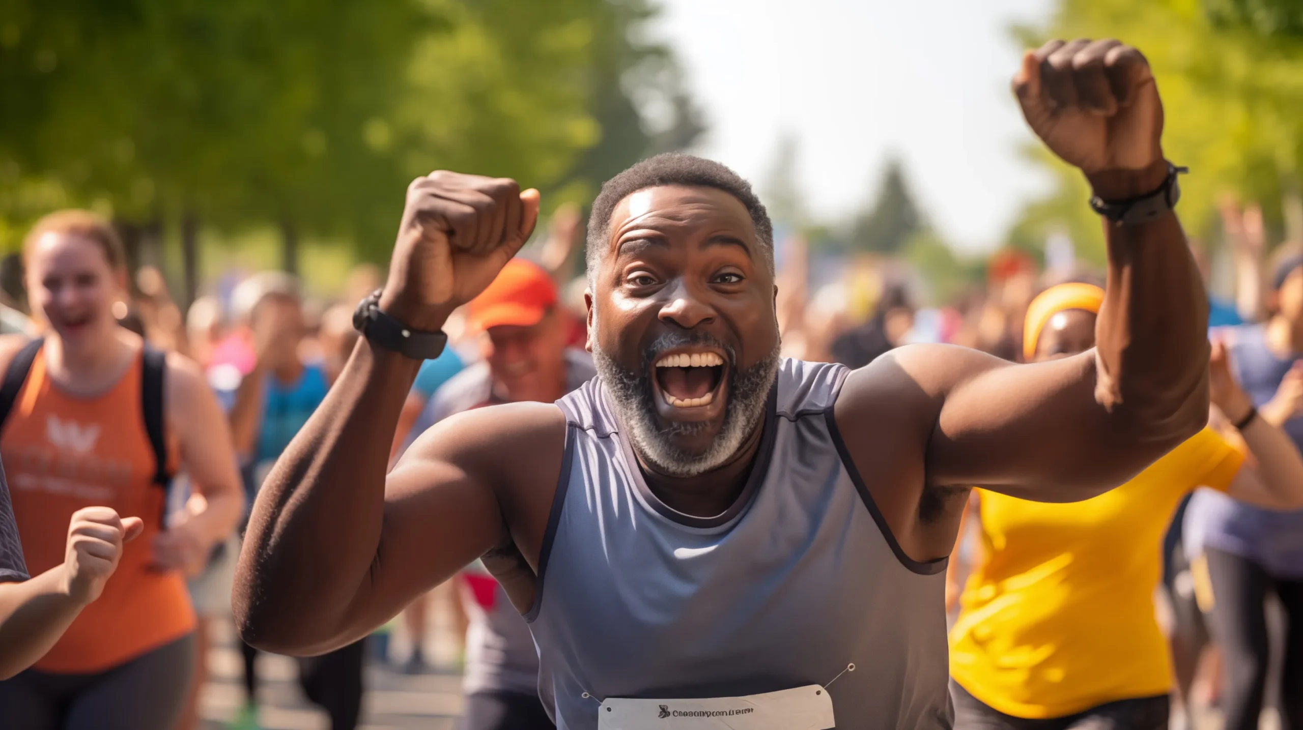 Guy excited after finishing a road race. 